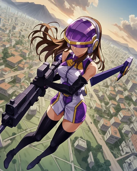 score_9, score_8_up, score_7_up,1girl,  solo,  anime screencap, highres  <lora:EDF_palewing_pdxl:1> palewing_armor, gold trim purple and white halter dress, black elbow gloves, black thighhighs, palewing_helmet, purple jetpack, visor down, covered eyes, brunette hair, long hair, flying, holding sci-fi sniper rifle with both hands, sky, serious, dynamic, dutch angle, from above, knees bent, jet trails