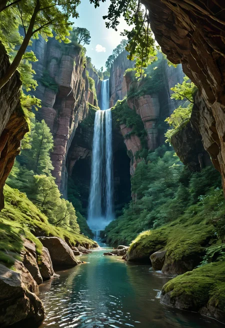 Stable_Yogis_PDXL_Positives,
A sprawling valley of cascading waterfalls cutting through layered sandstone cliffs, viewed from a sweeping aerial perspective that reveals turquoise plunge pools and winding river networks. Golden-hour sunlight pierces mist rising from thunderous falls, illuminating intricate textures of water-smoothed rock strata and vibrant moss colonies clinging to vertical surfaces. Close-up details of fern fronds trembling in the perpetual spray, their fractal patterns echoed in the dendritic river deltas below. Low-angle shots framing monolithic cliff faces against swirling cloud formations, while tracking perspectives follow ibex traversing narrow ledges above abyssal gorges. Ultra-detailed 8k rendering captures every water droplet in mid-air suspension and crystalline reflections in ancient rockpools. A symphony of emerald, amber, and sapphire hues created by mineral-rich waters, lichen communities, and twilight's deepening azure gradients across the canyon's stratified geology.