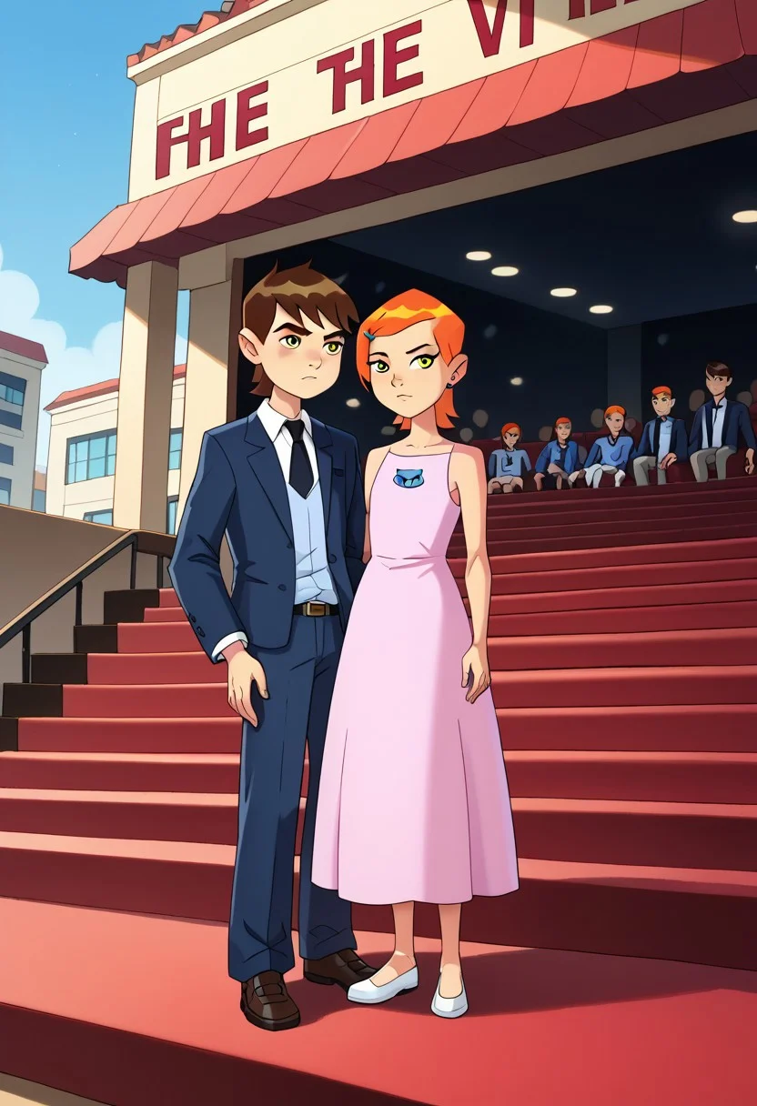 score_8, score_8_up, score_7_up, BREAK ben_gwen10, 1boy, 1girl, suit, necktie, dress, pink dress, outdoors, red carpet, movie theater