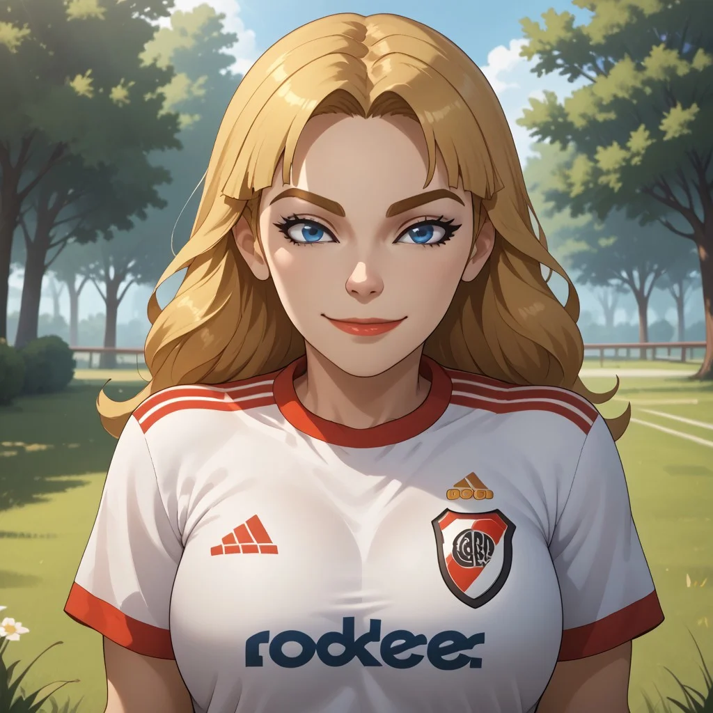 score_9, score_8, BREAK, solo, mii, wii, wii sports resort, 1girl, female mii, cute, blonde hair, long hair, dark blonde eyebrows, black eyeshadow, blue eyes, lips, wide lips, RiverPlate, striped shirt, striped, shirt, white shirt, short sleeves, clothes writing, sportswear, soccer uniform, shoes, big breasts, Gabi_(\Wii_Sports_Resort\), white skin, Nintendo Mii, modern_mii, classic_mii, sexy pose, self portrait, smile, outdoors, sunlight, shadows, evening lighting, natural lighting, forest, trees, grass, orange sky, sunset