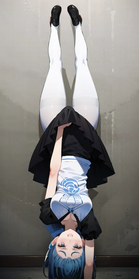 masterpiece, best quality, ultra-detailed, illustration, 1girl, lycoris challenge \(meme\), one arm handstand, upside-down, <lora:ChisatoHandstand:0.6>, white tshirt, black skirt, blue hair, pantyhose, medium breats