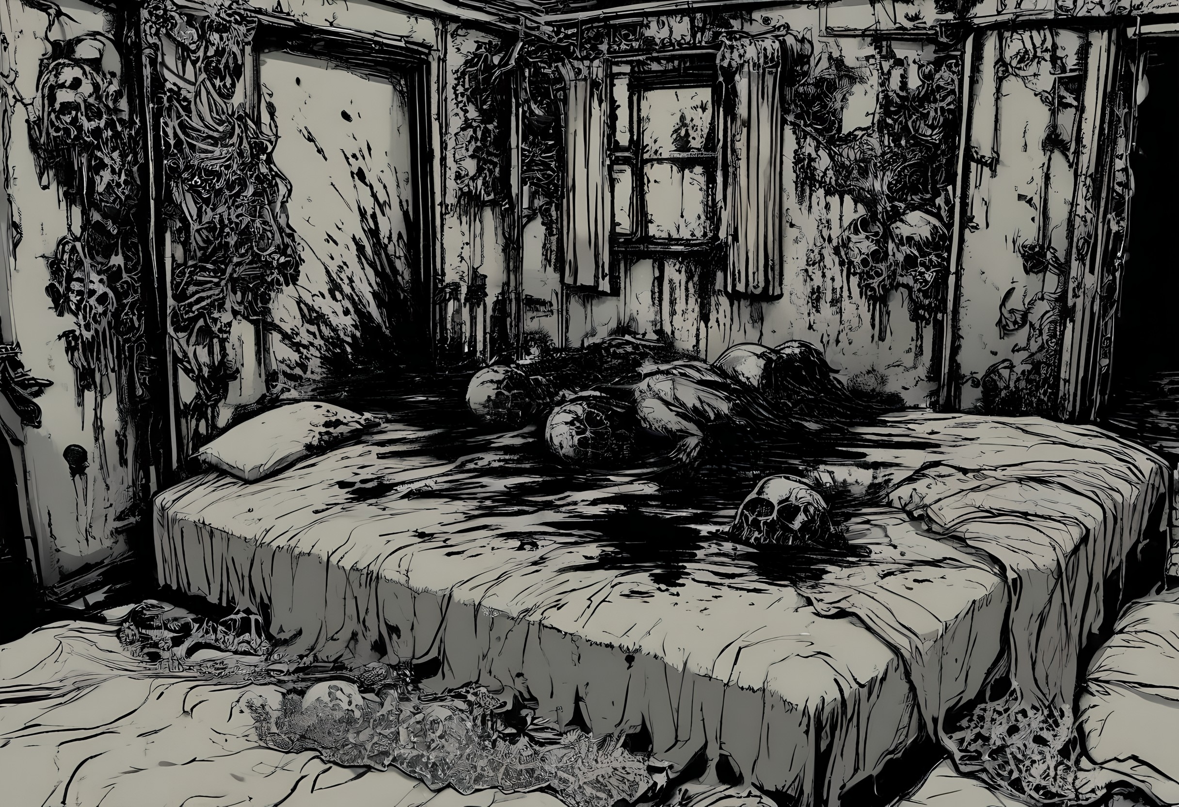 masterpiece, best quality, monochrome, greyscale, corpse, bedroom, abandoned, exposed skull, white bed sheet, blood splatter, mold, fine detail<lora:RioOka_v1_NoobAI:1.0>