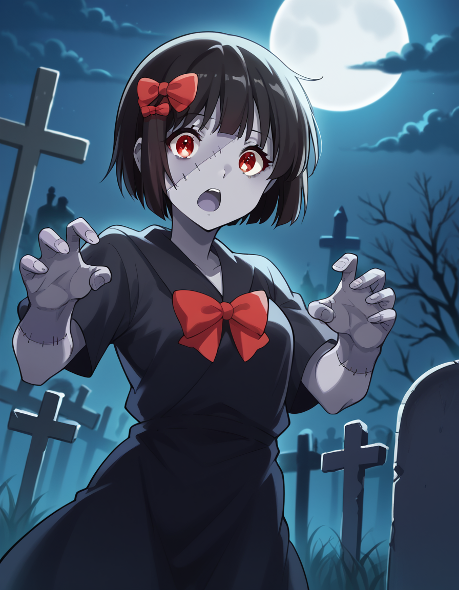 score_9, score_8_up, score_7_up, source_anime, <lora:kanade-hisaishi-movie-ponyxl-lora-nochekaiser:1>, kanade hisaishi, short hair, bangs, black hair, red eyes, bow, hair bow, red bow, medium breasts,, <lora:zombie-ponyxl-lora-nochekaiser:1>, zombie, colored skin, stitches, grey skin, multicolored skin, stitched face, zombie pose, halloween, halloween costume,, night, moon, graveyard, tombstone, grave, open mouth, , dutch angle, cowboy shot