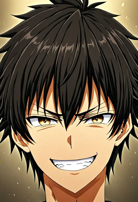 high resolution, solo, best quality, 1Boy, Seiya Kanie, black hair, short hair, portraits, looking at viewer, angry, smile, OverallDetail