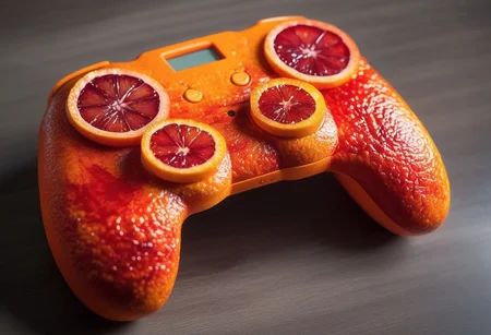 Video game controller made of blood oranges, on a table in a livingroom