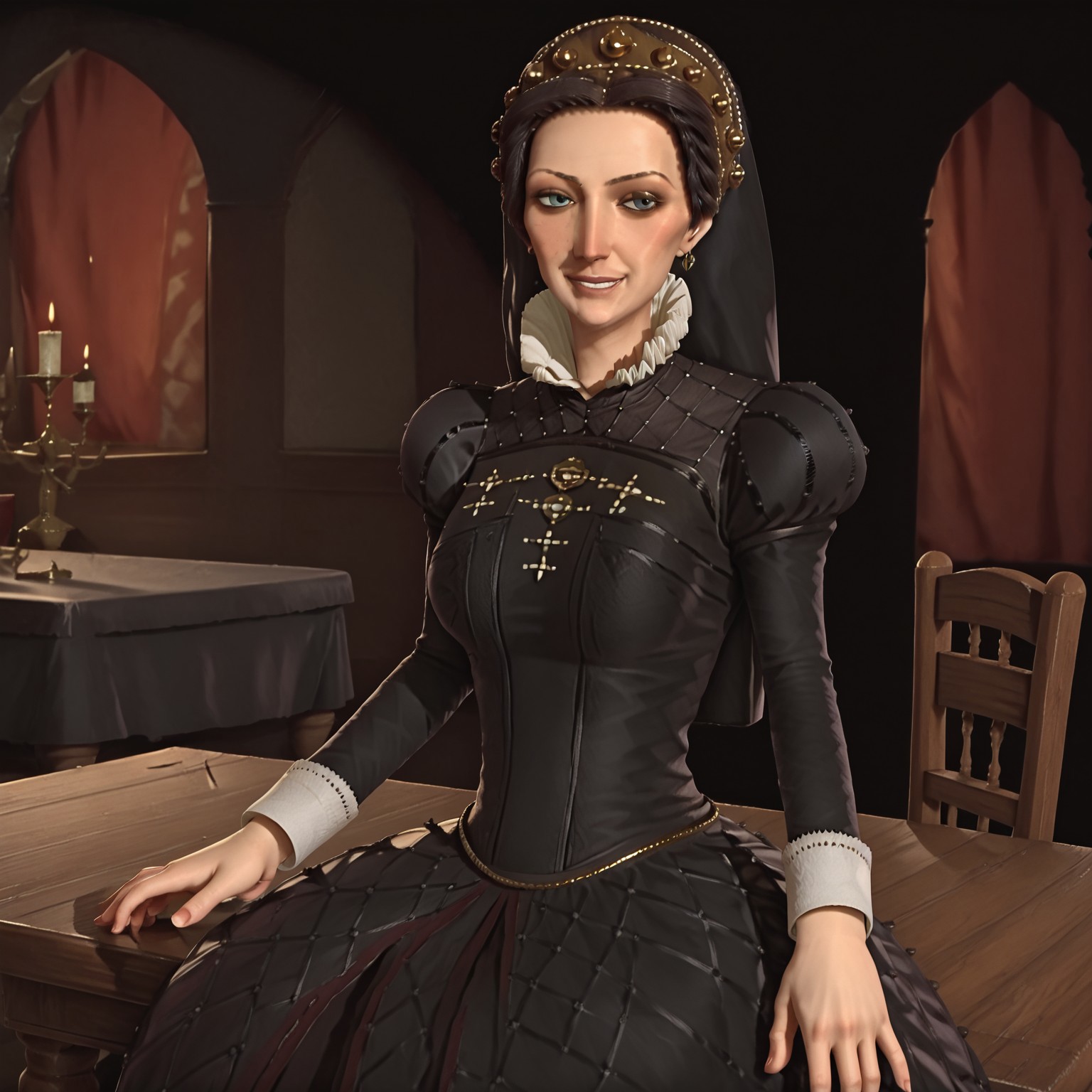 1girl, solo, catherine, black queen catherine, black dress, black veil, sitting at long wooden table, tenting fingers on table, mischief face, smirk