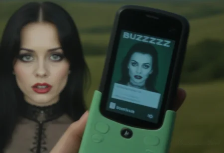 The inscription on the phone screen “BUZZzZzZzZ” with perfect lady gothic post-punk vampire portrait . PERFECT SUNNY COLORED GREEN DESCTOP WALLPAPER LANDSCAPE FROM "WIN XP" ON THE BACKGROUND. file photo from nokia 3310 “P1011559.ORF” 20.04.2001.