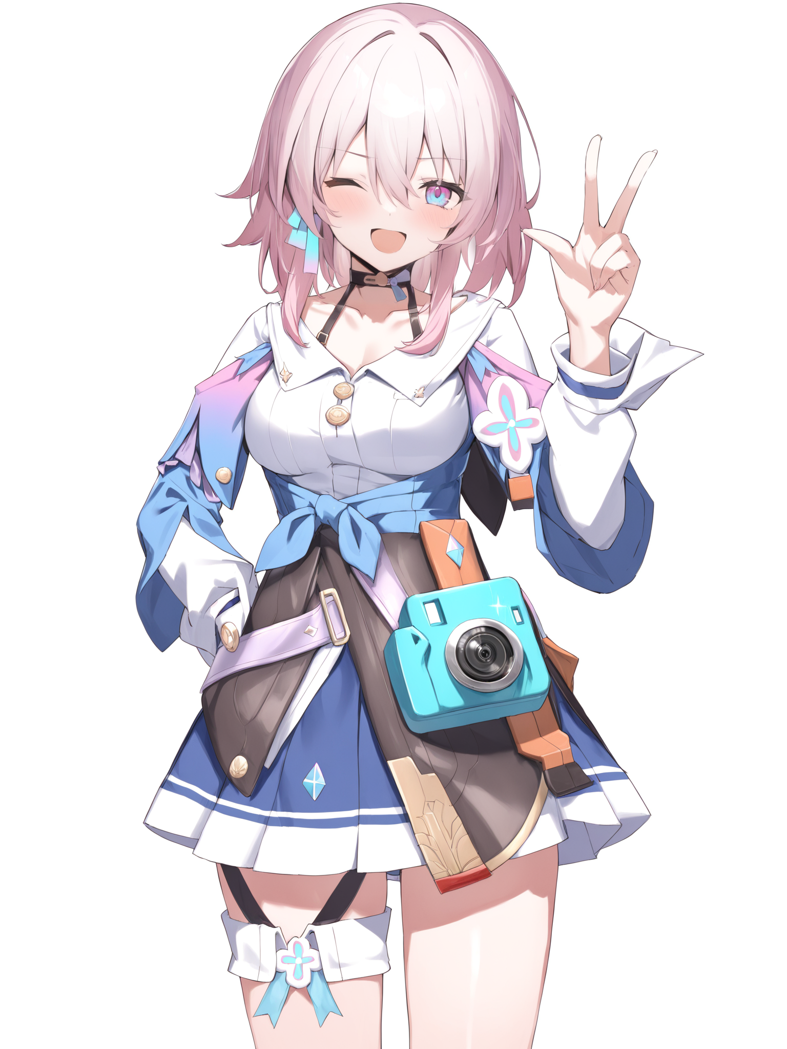 <lora:xl_March 7th(kohaku_Delta):1>,March 7th is a girl with short pink hair and pink blue eyes,She is wearing Sanyueqi Costume, 1girl, solo, one eye closed, hand on hip, looking at viewer, collarbone, v, white background, camera, simple background, open mouth, blush, standing, thighs, virtual youtuber, medium breasts, gradient, masterpiece,best quality,