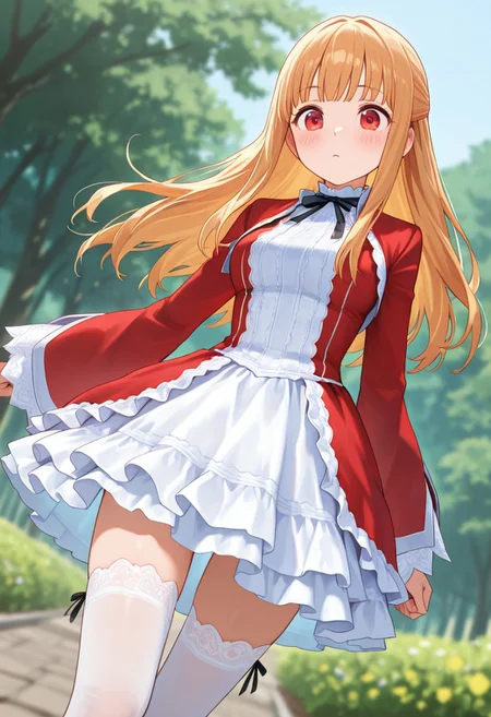 masterpiece, best quality, amazing quality, very aesthetic, high resolution, ultra-detailed, absurdres, newest, scenery,(depth of field:1.5),
(super fine illustration,professional quality,ultra high res), beautiful detailed eyes,
(high brightness),
break
rhea_kanihira,
blond hair, long hair, half updo, blunt bangs, sidelocks,
red eyes,
red and white dress,
medium dress, frilled dress, lace-trimmed dress,
wide long sleeves, lace-trimmed sleeves, layered sleeves,
black ribbon,
white thighhighs, lace-trimmed thighhighs,
black shoe, mary janes,
1girl, medium breasts,
blush,
(dutch angle:1.2), (cowboy shot:1.2),