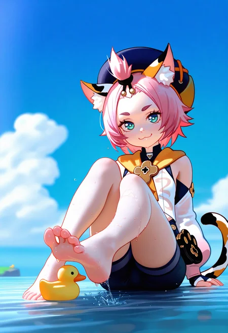 masterpiece, best quality, good quality, nyalia, (youmuanon:0.8), (galawave:0.8),
diona (genshin impact), 1girl, solo, looking at viewer, smile, short hair, hat, animal ears, closed mouth, sitting, tail, pink hair, outdoors, detached sleeves, sky, shorts, barefoot, cloud, cat ears, water, blue sky, animal ear fluff, aqua eyes, legs, cat tail, bare legs, \:3, black shorts, (feet in water:1.2), thick eyebrows, cat girl, foreshortening, forehead, rubber duck, bangs pinned back, wet legs, toes,
<lora:ai_styles_collection_noob_vpred-0.6_v2:1>