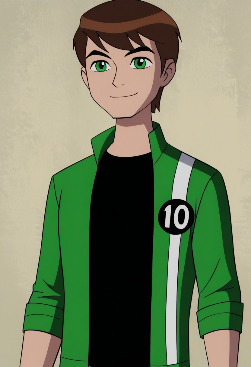Ben_ua,1boy,solo,short hair,brown hair,green eyes,green jacked,open jacked,black shirt,smile,upper body,smile,closed mouth