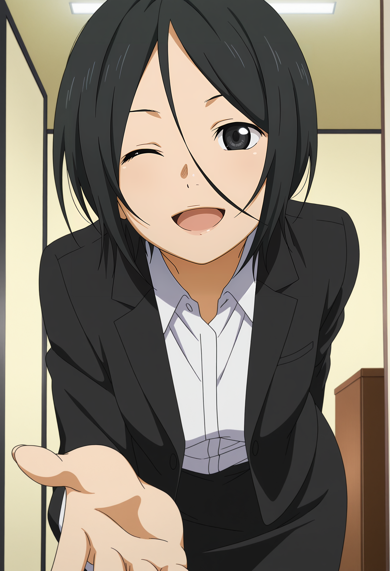 1girl,solo,black hair,short hair,black eyes,hair between eyes,anime coloring,
formal,jacket,pencil skirt,leaning forward, one eye closed, open mouth, smile,reaching towards viewer, indoors
,masterpiece,best quality,amazing quality,<lora:Hiroko_Seto-Shigatsu_wa_Kimi_no_Uso_IL:0.8>