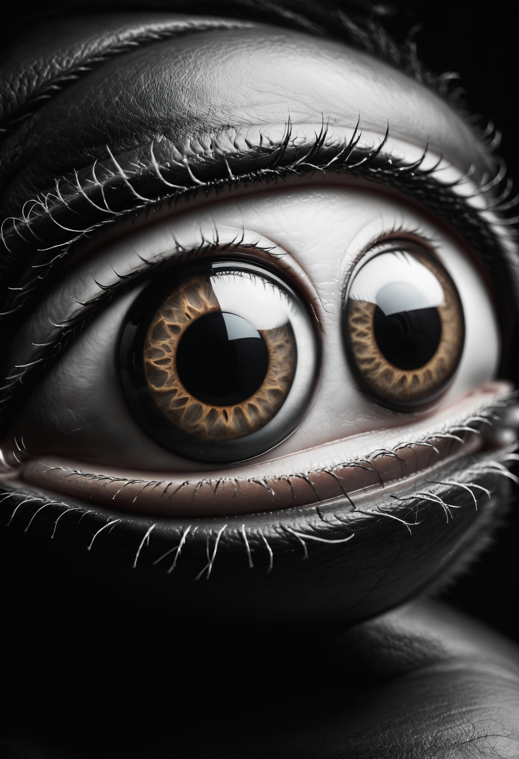 a creepy large pair of eyes stacked on top of each other
<lora:dvr-lthr:1> dvr-lthr, (b&w, Monochromatic, Film Photography:1.3),  Photorealistic, Hyperrealistic, Hyperdetailed, film noir, analog style, soft lighting, subsurface scattering, realistic, heavy shadow, masterpiece, best quality, ultra realistic, 8k, golden ratio, Intricate, High Detail, film photography, soft focus