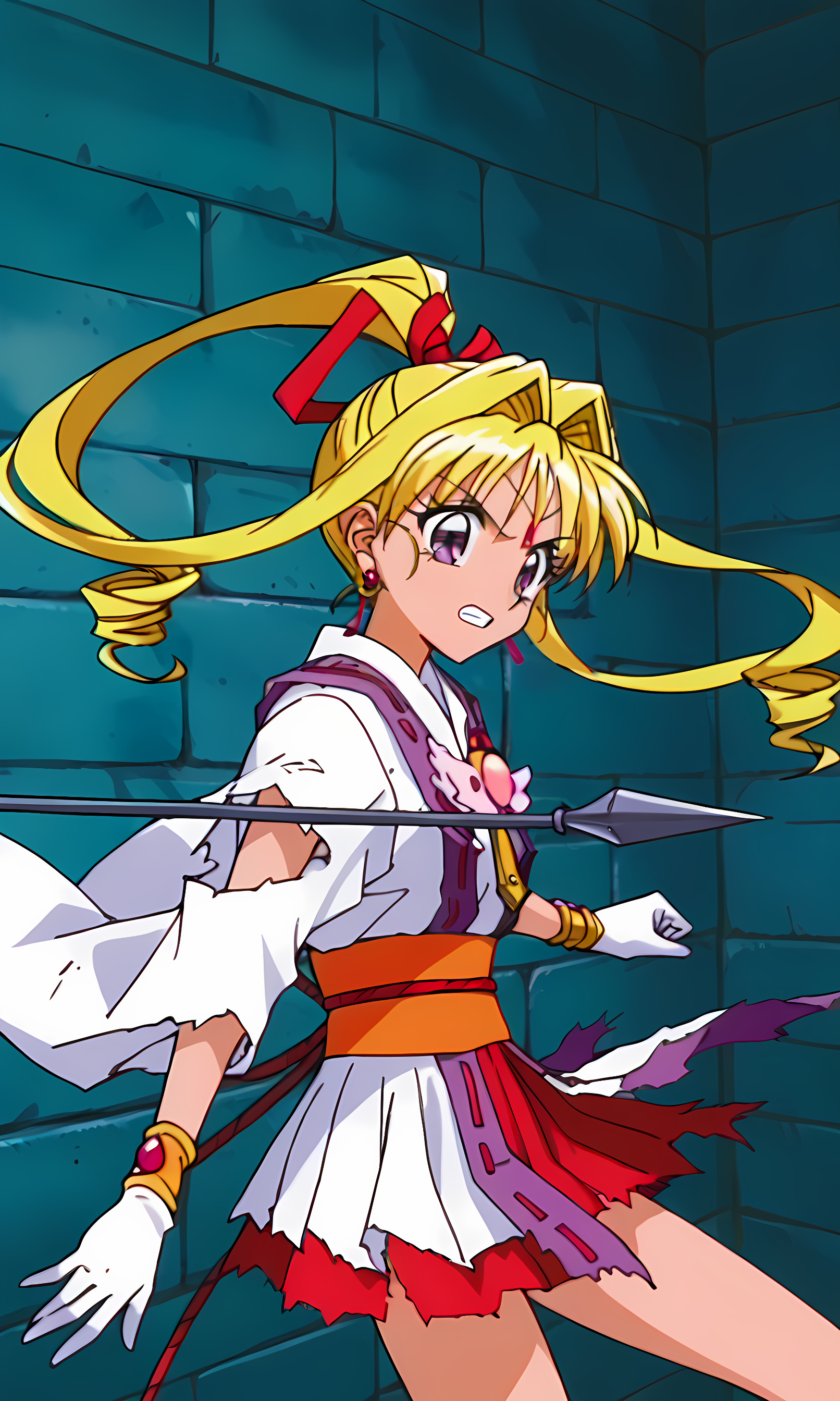 8k, best quality, solo, cute, score_9, score_8_up, score_7_up, 90s anime, Masterpiece, source_anime, from side, KKJ, (Artist A Style:1.3), forehead jewelry, purple eyes, blonde hair, hair intakes with drill long sidelocks, very long hair, one high drill ponytail at the back, red hair ribbon, earrings, torn white kimono, torn white layered kimono miniskirt with red under layer, 2 torn purple straps on torn layered kimono miniskirt, 2 torn purple straps, pink gem on chest, torn white wide sleeve on the right arm, torn white short sleeve on the left arm, left sleeve completely torn, gold bracelet, white gloves, orange obi, red obijime cord, bow-shaped knot on waist with tassels, bare legs, serious, clench teeth, dynamic pose,  cowboy shot, brick wall, spears,  