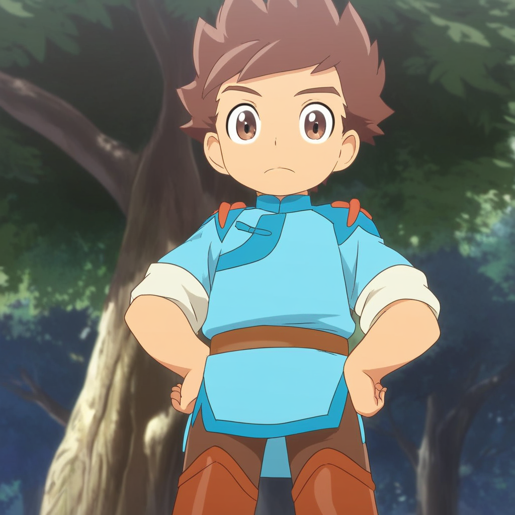 score_9, solo, lu_mhs, 1boy, brown hair, brown eyes, shirt, pants, belt, boots, hands on hips, looking at viewer, cute, tree
