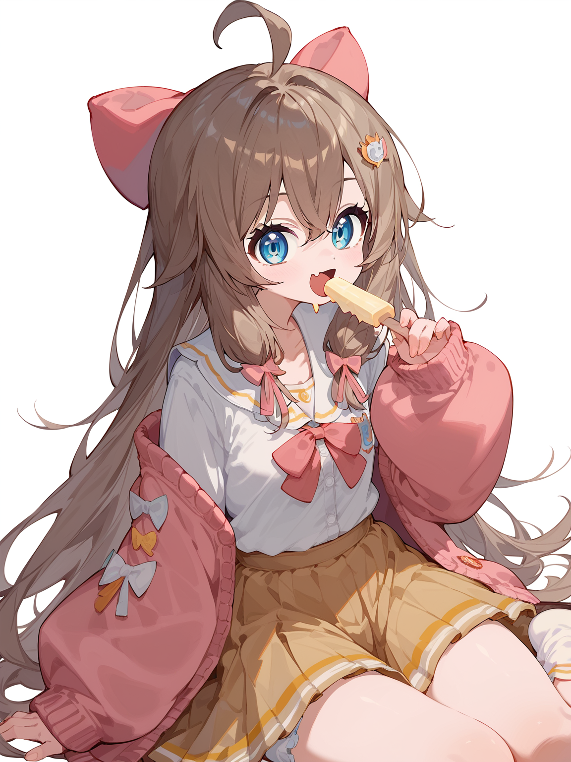 (score_9,score_8_up,score_7_up,),<lora:Diana:0.9>,1girl,solo,skirt,blue eyes,long hair,ahoge,white socks,shirt,smile,brown hair,bloomers,underwear,hair ornament,bangs,pleated skirt,yellow skirt,brown skirt,open mouth,virtual youtuber,white shirt,hair bow,pink bow,looking at viewer,cardigan,long sleeves,pink cardigan,hair between eyes,fang,sailor collar,white background,cowboy_shot,eating popsicle,sitting,