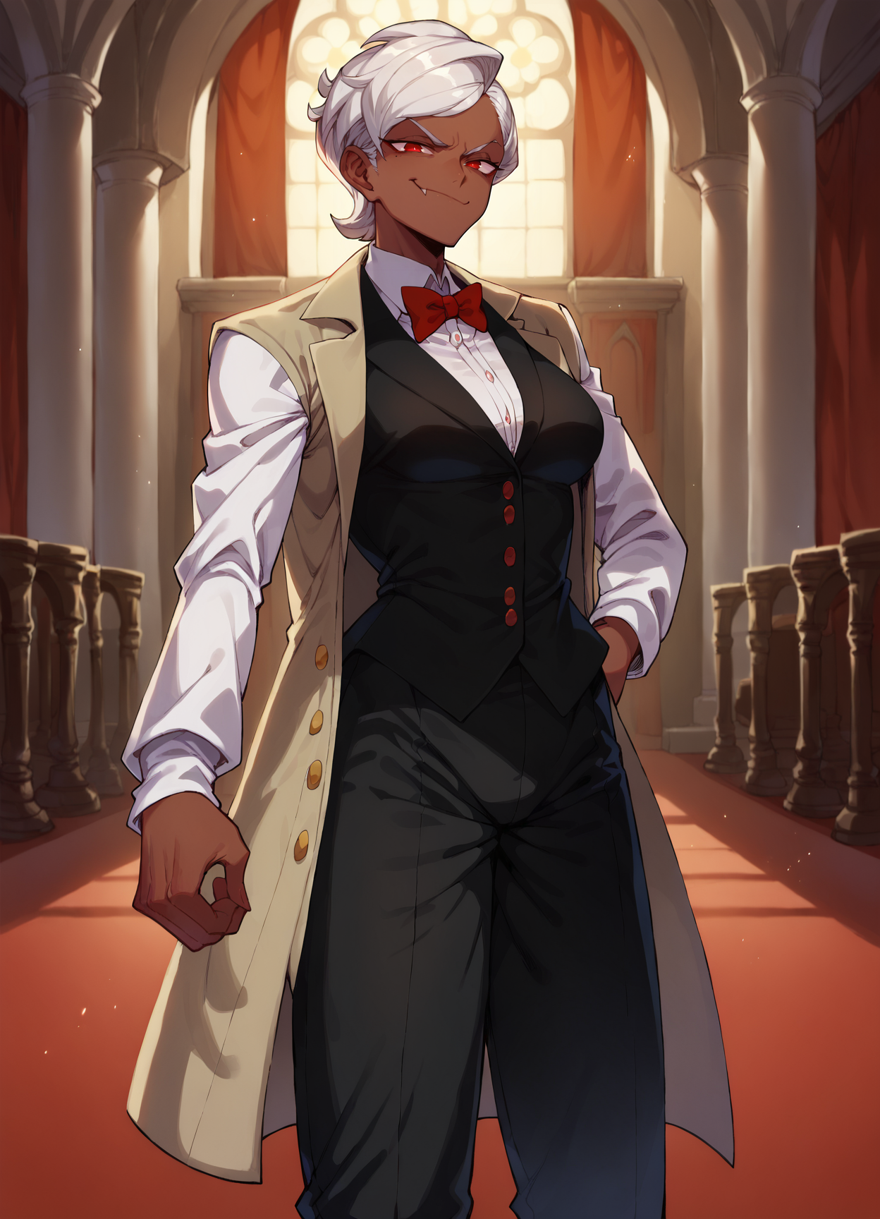 score_9, score_8_up, score_7_up, 1girl, 1girl, solo, vampire, white hair, dark-skin, dark skinned female, (tailcoat,tuxedo,frock coat:1.2), thighhighs, looking at viewer, standing, red eyes, mansion,bedroom, trousers,shirt,vest, smug, smirk, shiny skin, (medium breasts:1.3), thick,
 <lora:Spacezin_Style:1>
