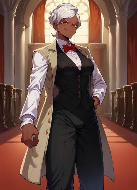 score_9, score_8_up, score_7_up, 1girl, 1girl, solo, vampire, white hair, dark-skin, dark skinned female, (tailcoat,tuxedo,frock coat:1.2), thighhighs, looking at viewer, standing, red eyes, mansion,bedroom, trousers,shirt,vest, smug, smirk, shiny skin, (medium breasts:1.3), thick,
<lora:Spacezin_Style:1>