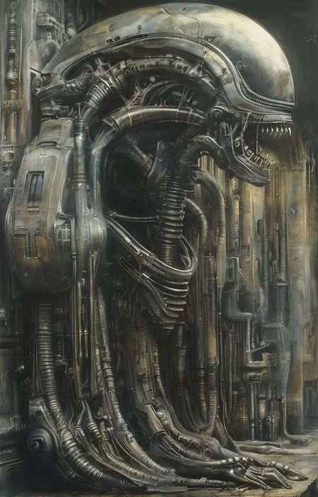 masterpiece,best quality,<lora:tbh295-sdxl:0.9>,illustration,style of H. R. Giger portrait of Housework robots