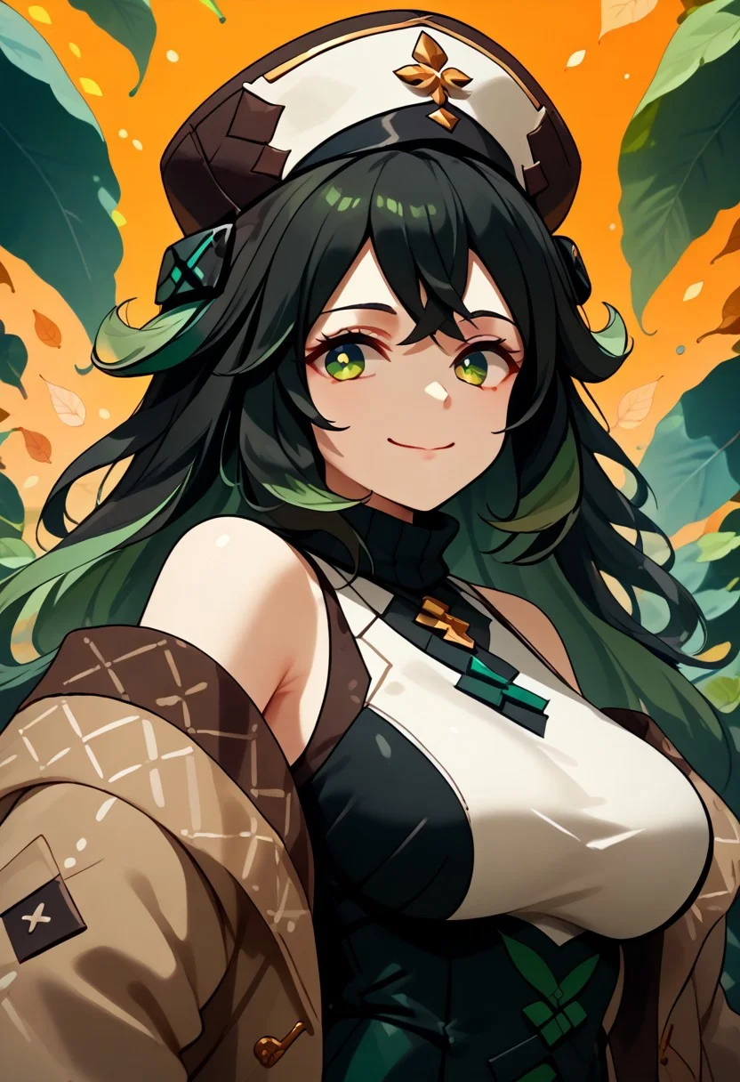 score_9, score_8_up, score_7_up, 1girl,solo, philia_wf, black hair, green highlights, green eyes, hat, black dress, coat, bare shoulders, necklace, black stockings, black shoes, white sweater,, breasts, brown coat, green skirt, closed mouth, coat, large breasts, leaf, leaf background, long sleeves, looking at viewer, medium hair, off shoulder, orange background, red eyes, red hair, ribbed sweater, skirt, smile, solo, sweater, swept bangs, turtleneck, turtleneck sweater, upper body, waving, WORLD MORPH LEAVES, DEAD LEAVES