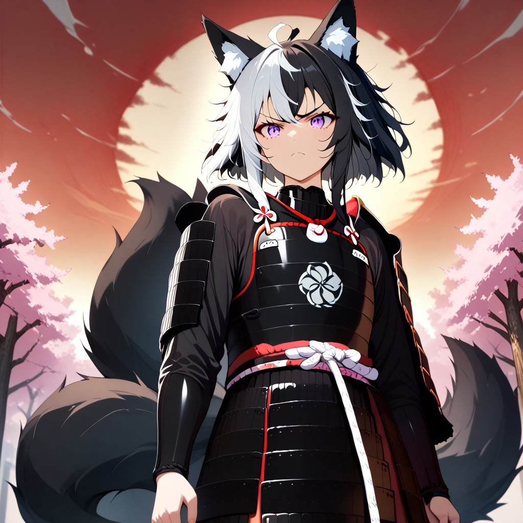 symphtia-style, source_anime, masterpiece, best quality, absurdres, vibrant, highly detailed, very aesthetic, cowboy shot, from below, 
BREAK 
1girl, solo, ((Nemu, Foxgirl)), (Black Hair, (Black_Fox_Ears, Black_Fox_Tail, Left White Hair Highlight)), samurai, wearing a black samurai armor, Oda symbol, weapon, katana, sparkling katana, holding, serious face, 
BREAK 
outdoors, sunset, reddish sunset, japanese garden, cherry trees, sunrays