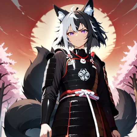 symphtia-style, source_anime, masterpiece, best quality, absurdres, vibrant, highly detailed, very aesthetic, cowboy shot, from below,
BREAK
1girl, solo, ((Nemu, Foxgirl)), (Black Hair, (Black_Fox_Ears, Black_Fox_Tail, Left White Hair Highlight)), samurai, wearing a black samurai armor, Oda symbol, weapon, katana, sparkling katana, holding, serious face,
BREAK
outdoors, sunset, reddish sunset, japanese garden, cherry trees, sunrays
