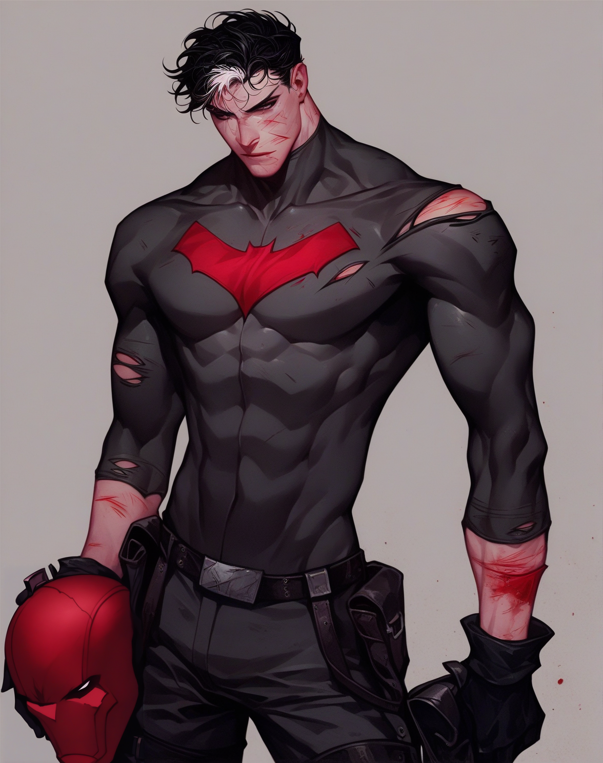 <lora:Jason_Todd:1> score_9, score_8_up, score_7_up, jason todd, solo, simple background, black hair, gloves, 1boy, holding, male focus, black gloves, belt, torn clothes, bodysuit, blood, muscular, helmet, headwear removed, injury, helmet removed, holding helmet, white hair, skinny, looking at viewer,