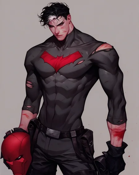 <lora:Jason_Todd:1> score_9, score_8_up, score_7_up, jason todd, solo, simple background, black hair, gloves, 1boy, holding, male focus, black gloves, belt, torn clothes, bodysuit, blood, muscular, helmet, headwear removed, injury, helmet removed, holding helmet, white hair, skinny, looking at viewer,