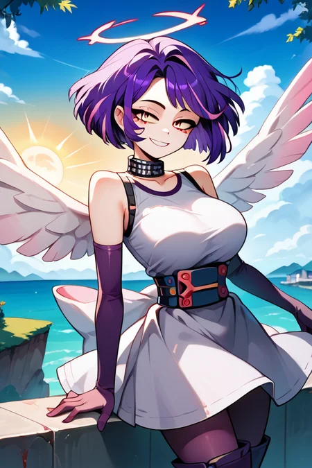 score_9, score_8_up, score_7_up, score_6_up, source_anime, 1girl, solo, lady nagant, My Hero Academia, (purple hair), (multicolored hair), pink hair, narrow waist, streaked hair, short hair, golden eyes, purple dress, sleeveless, (huge breasts:0.9), looking at you, (seductive smile:1.4), day, sun, clouds, wind, trees, sea, lake, night, city, upper body, sexy, erotic, open eyes, city bacground, slender, curvy, toned, outdoors, Lute\(Hazbin Hotel\), <lora:Lady Nagant PonyXL-10:0.7>, standing, wings, elbow gloves, grey dress, chainmail collar, purple pantyhose, white sash, thigh boots, black halo, blood on clothes, yellow sky, cloudy sky, (white wings), half-closed eyes, smug, sexy, (close-up), upper body, 16k, (insanely detailed, beautiful detailed face, masterpiece, best quality), (sharp), highest quality, 8K, RAW photo, perfect face, perfect hands,
