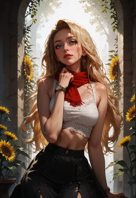 score_9, score_8_up, score_7_up, score_6_up, score_5_up, score_4_up, 1girl, white crop top, navel, black skirt, blonde hair, long hair, straight hair, outside, sunflowers, red scarf, sunrays, watch, green eyes, bare arms, elbow squeeze  <lora:sdxl\Expressive_H-000001:0.8>, expressiveH <lora:sdxl\sinfully_stylish_SDXL> <lora:sdxl\incase_style_v3-1_ponyxl_ilff:0.6> <lora:sdxl\vixon_pony_gothic_neon:0.4>