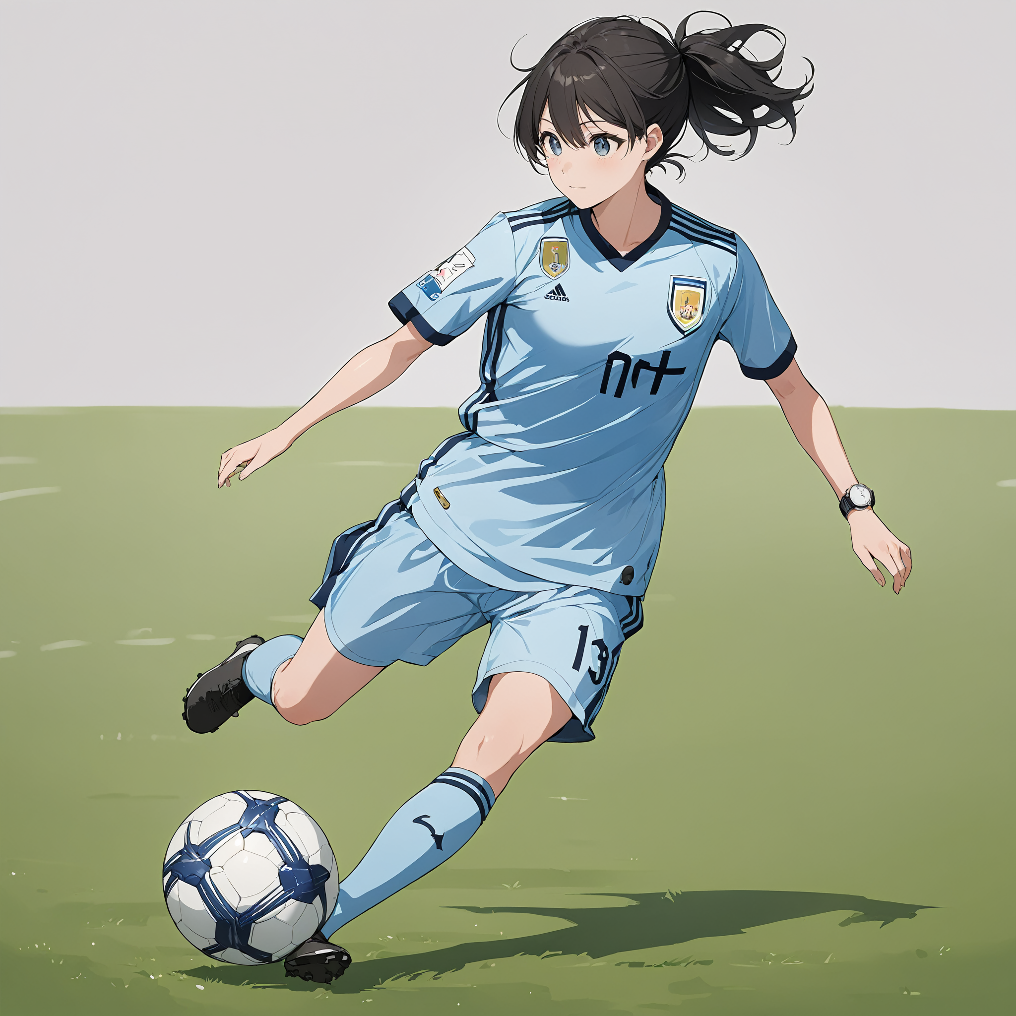 masterpiece,ultra-detailed,best quality,8K,illustration,cute face,clean skin ,shiny hair,girl,ultra-detailed-eyes,simple background, <lora:add-detail-xl:1> <lora:soccer uniform_XL_V1.0:1> soccer uniform,soccer,kick the ball,Watch the ball