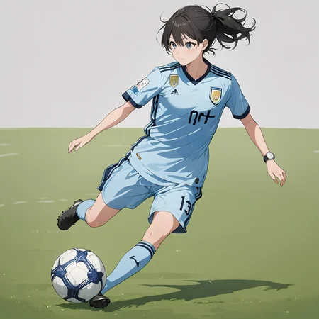 masterpiece,ultra-detailed,best quality,8K,illustration,cute face,clean skin ,shiny hair,girl,ultra-detailed-eyes,simple background, <lora:add-detail-xl:1> <lora:soccer uniform_XL_V1.0:1> soccer uniform,soccer,kick the ball,Watch the ball