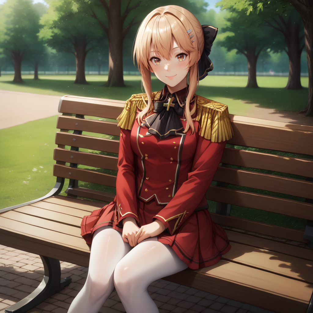 <lora:Liscia Elfrieden:1> score_9_up, score_8_up, score_7_up, extreamly detailed, beautiful detailed face, complex detailed background, 1girl, BREAK, LISCIA ELFRIEDEN, LISCIA ELFRIEDEN REGULAR CLOTHES, hair ornament, bow, sitting, hair bow, pantyhose, hairclip, white pantyhose, epaulettes, blush, looking at viewer, park, bench, upper body, smile, legs together, red skirt, solo