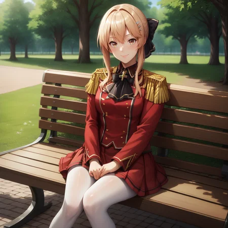 <lora:Liscia Elfrieden:1> score_9_up, score_8_up, score_7_up, extreamly detailed, beautiful detailed face, complex detailed background, 1girl, BREAK, LISCIA ELFRIEDEN, LISCIA ELFRIEDEN REGULAR CLOTHES, hair ornament, bow, sitting, hair bow, pantyhose, hairclip, white pantyhose, epaulettes, blush, looking at viewer, park, bench, upper body, smile, legs together, red skirt, solo