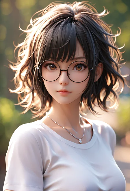 score_9, score_8_up, score_7_up, i want the whole image to be created in 3D anime style, 1girl, solo, looking at viewer, short hair, bangs, shirt, black hair, brown eyes, jewelry, closed mouth, collarbone, white shirt, upper body, short sleeves, outdoors, glasses, day, necklace, blurry, lips, depth of field, blurry background, messy hair, round eyewear