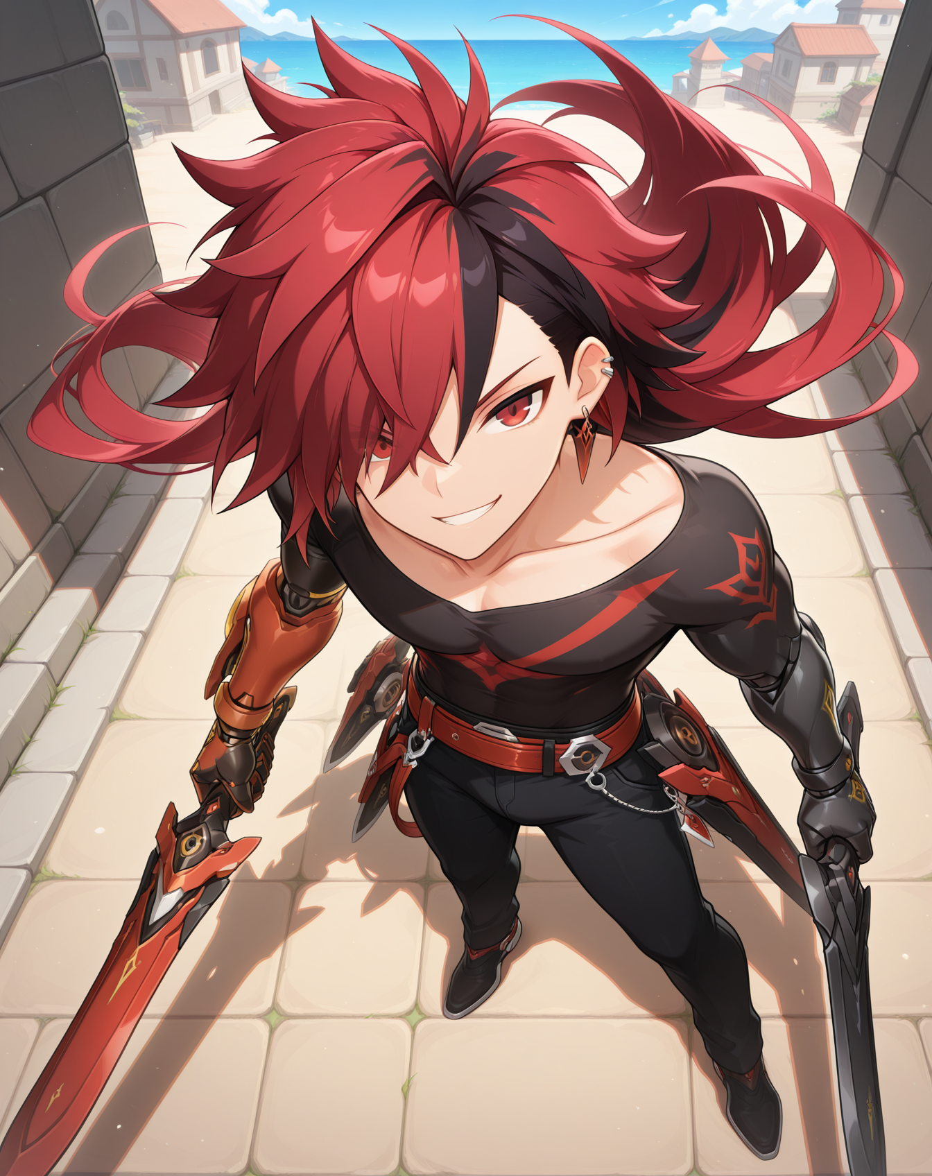 masterpiece, amazing quality, best quality, absurdres, very aesthetic,
1boy, solo, yaoi, male focus, full body, from above, standing, looking at viewer, face focus,
<lora:Elsword_Immortal_ilxl:1> elswordim, red eyes, multicolored hair, red hair, two-tone hair, black hair, long hair, streaked hair, hair over one eye,
black pants, belt, gloves, single mechanical arm, mechanical arms, collarbone, shirt, grin, jewelry, earrings,
holding weapon, holding sword, dual wielding,
outdoors, day, blue sky,