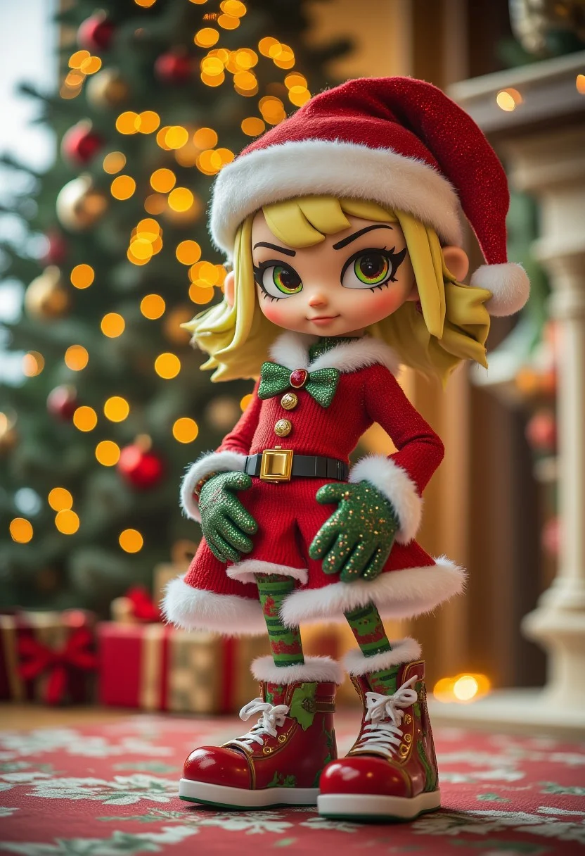 an inkling from Splatoon wearing festive christmas outfit, behind her there's a christmas tree