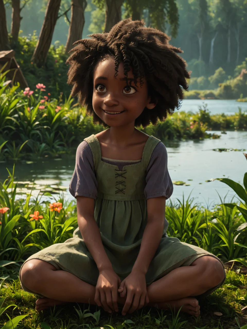 score_9, score_8_up, score_7_up, score_6_up, BREAK, Maisi3Brumbl3, 1girl, dark-skinned female, female child, brown eyes, smile, , sunlight shines on face <lora:Maisie_Brumble:1>Poststyl, <lora:David_style:0.9>
