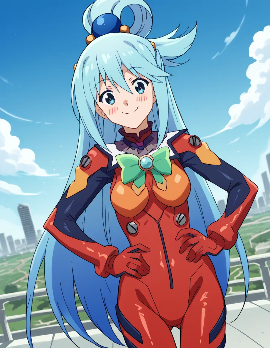 score_9, score_8_up, score_7_up, source_anime, konosubaaqua, <lora:konosuba-aqua-s2-ponyxl-lora-nochekaiser:1>, aqua (konosuba), long hair, blue eyes, hair ornament, very long hair, blue hair, hair rings, single hair ring, hair bobbles,, <lora:souryuu-asuka-langley-cosplay-ponyxl-lora-nochekaiser:1>, souryuuasukalangleycosplay, souryuu asuka langley \(cosplay\), bodysuit, pilot suit, plugsuit, red bodysuit, interface headset,, cityscape, smile, blush, hands on hips,, cowboy shot, dutch angle,