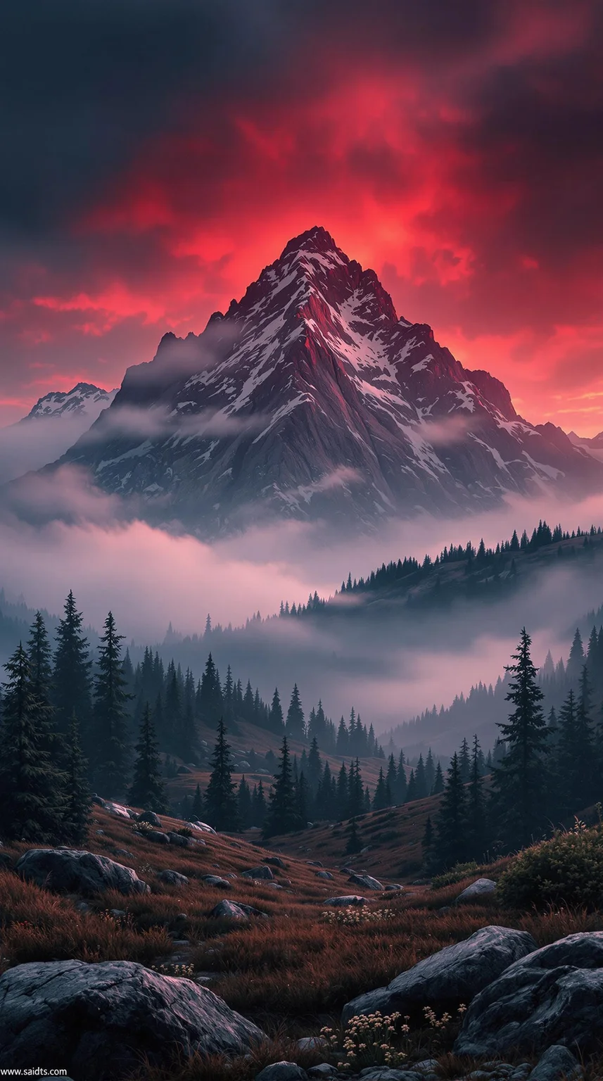 A majestic mountain range rises from the horizon, shrouded in a mystical fog that's infused with hints of indigo and slate. The sky above is a deep, foreboding crimson, as if painted by the brushstrokes of a master artist. The landscape stretches out to infinity, with every rock, tree, and blade of grass rendered in exquisite detail, bathed in the warm glow of cinematic lighting that's equal parts haunting and hypnotic.