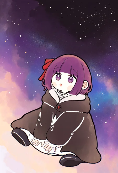 masterpiece, absurdres, newest, very awa, chromatic abberation, galaxy background, star \(sky\), 1girl, solo, fern-small,fern \(sousou no frieren\), purple eyes, purple hair, short hair, hair ribbon, red ribbon, black robe, hooded robe, black footwear, :o, looking afar, spaced out, wide shot, very wide shot, sitting, on floor, hand on floor, legs apart, from above, three quarter view, <lora:spo_sdxl_10ep_4k-data_lora_webui>, <lora:TA_trained:0.35>, <lora:NOOB_EPSv1_1_detailer_by_vlnvk_v0_5>, <lora:omoguuu:0.8>, <lora:fern-small_IllustriousXL_last:0.7>