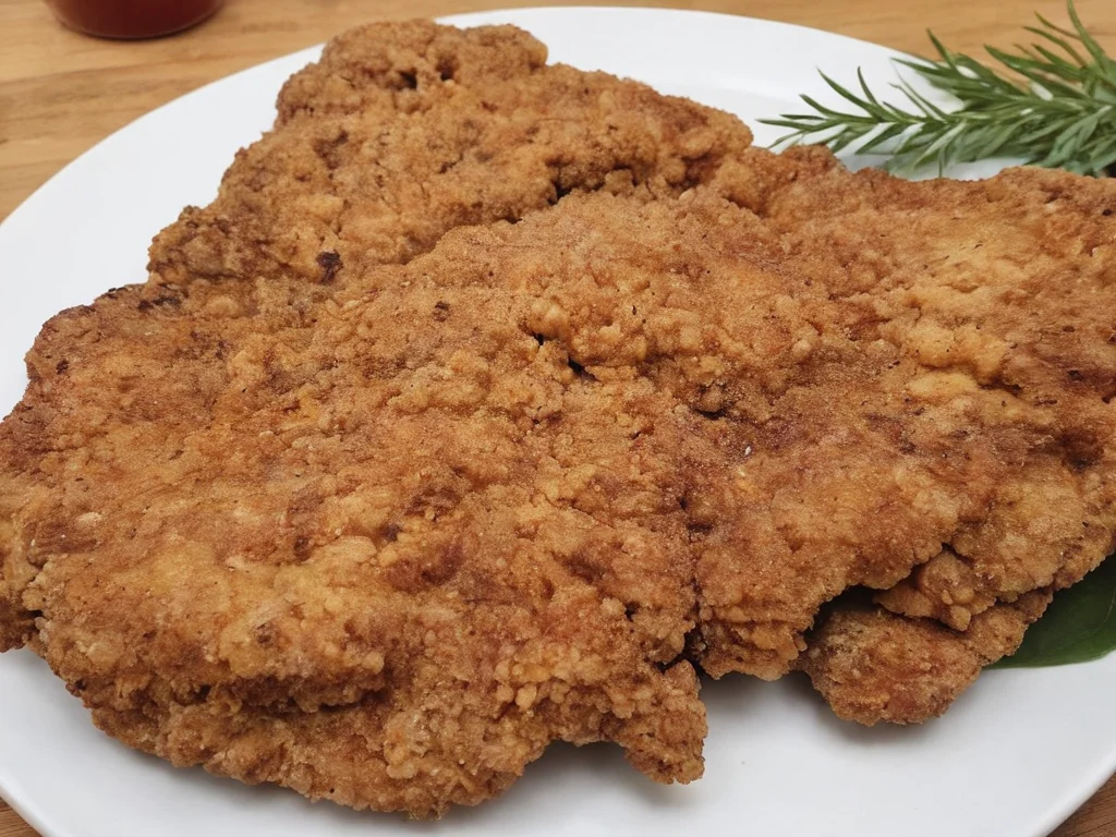 A high-resolution, hyper-realistic image of a deliciously fried chicken cutlet, referred to as G8G. The G8G is golden brown, with a crispy, crumbly coating and tender, juicy meat inside. It's served on a rustic wooden plate, with a side of fresh, colorful vegetables and a dollop of tangy sauce. The scene is set in a cozy, homely kitchen, with all elements in sharp focus, creating a clear and detailed image. The lighting should be warm and inviting, highlighting the appetizing qualities of the G8 and the cozy atmosphere of the setting, <lora:g8:0.7>