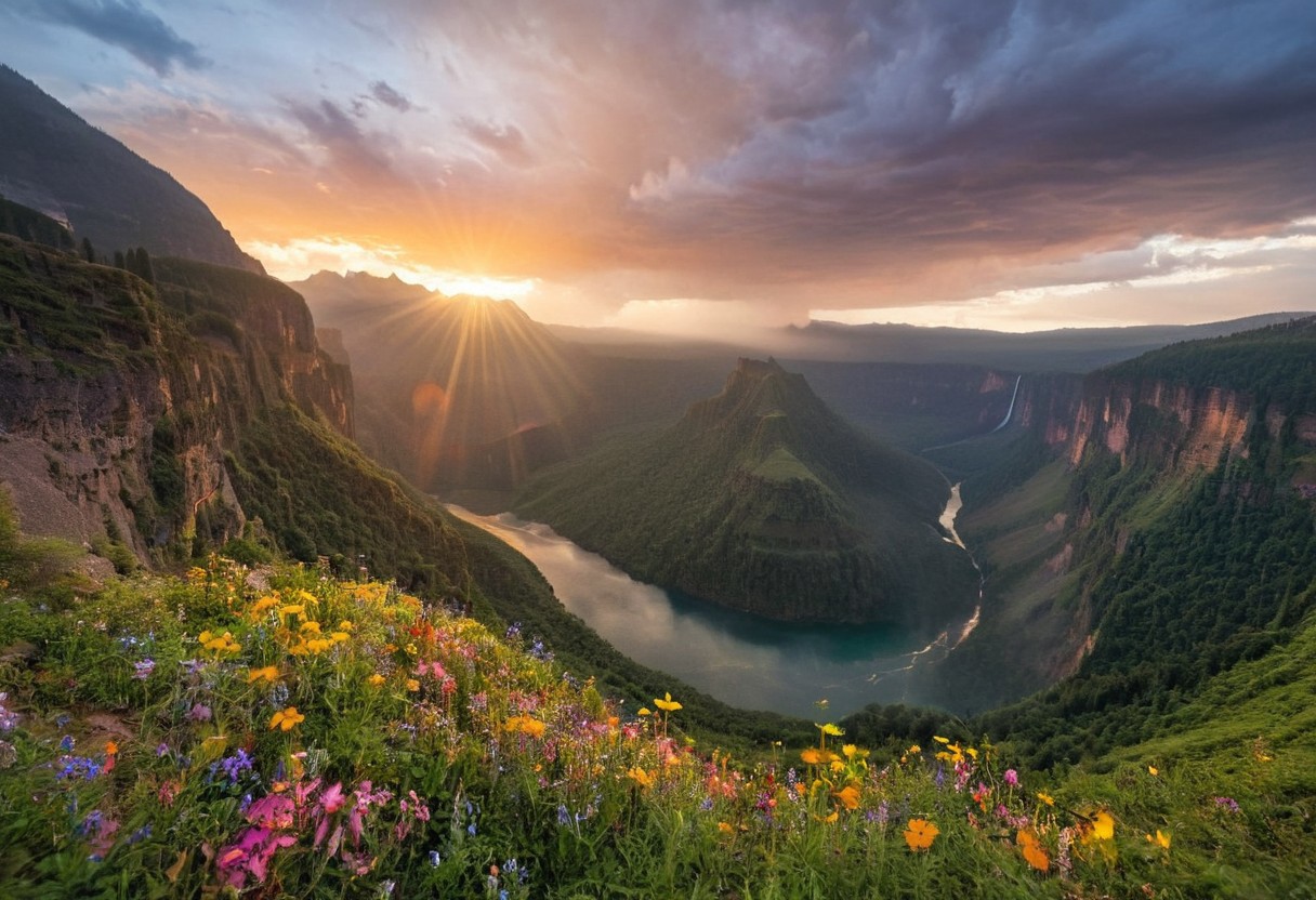 score_9, score_8_up, score_7_up, score_6_up, mountain range, glowing sunset, vibrant colors, vast valley, flowing river, dense forest, misty peaks, dramatic clouds, lush greenery, rocky cliffs, cascading waterfall, serene lake, colorful wildflowers, ancient ruins, golden light rays, panoramic view