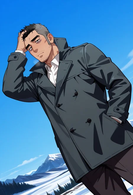 score_9, score_8_up, score_7_up, score_6_up, perfect anatomy, perfect proportions, best quality, masterpiece, high_resolution, high quality, highres, bara, 1boy, solo focus, solo, mature, masculine, manly, hunk, virile, handsome, charming, alluring, source_anime, anime coloringupper body, dutch angle, cowboy shot, BREAK GKToshiyuki, two-tone hair, black/grey hair, short hair, black eyes, thick eyebrows. bags under eyes, long sideburns, facial hair, stubble, Toshiyuki_outfit03, white shirt, (tunic collar shirt), black trench coat, black pants, scratch own head, simple background, outdoor, nature, snow, winter, mountain, low angle, from below