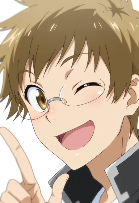 masterpiece, best quality, amazing quality,high resolution, intricate details,depth of field, anime screencap , , , 1boy, solo, male focus,  <lora:maiko_shuu:0.73>, shuu maiko, brown hair, short hair, glasses, smile, open mouth, simple background, jacket, one eye closed, portrait,  index finger raised