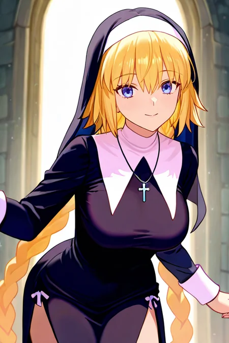 masterpiece, High quality, Ultra detailed, 2d, newest, absurdres, highres, BREAK
1girl, solo, <lora:jeanne_darc_mystery_treasure:0.8>, jeanne_d'arc_(mystery_treasure)_(fate), long hair, twin braids, low twin braids, blonde hair, blue eyes, 
large breasts, jeannemtNd, traditional nun, nun, habit, long sleeves, dress, black dress, jewelry, black veil, cross, cross necklace,