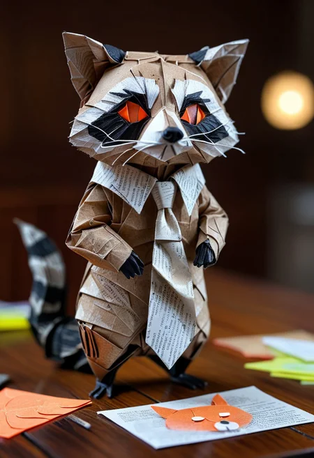 raccoon made of paper, raccoon with tie, close up, textured paper, on wooden table, fluorescent, glowing eyes, paper computer, doing taxes, fluorescent, fluorescent dust, fluorescent spraypaint, glowing dust