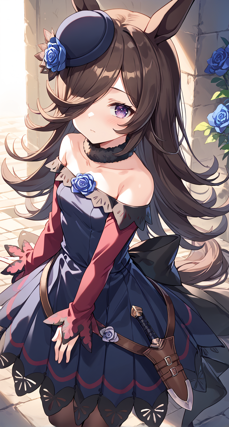 score_9,score_8_up,score_7_up,
official art,official style,game cg,megami magazine,
1girl,
rcs race,rice shower (umamusume),
animal ears,back bow,bangs,bare shoulders,belt,black bow,blue dress,blue flower,blue rose,
blush,brown hair,black legwear,brown thighhighs,collarbone,dagger,dress,dress bow,eyebrows visible through hair,
flipped hair,flower,fur choker,fur collar,hair flower,hair ornament,hair over one eye,
hat,hat flower,horse ears,horse girl,horse tail,knife,long hair,long sleeves,
off shoulder,off-shoulder dress,one eye covered,purple dress,purple eyes,purple headwear,rose,
sheath,sheathed,shoes,short dress,sleeves past wrists,tail,thigh-highs,thighhighs,
tilted headwear,very long hair,violet eyes,weapon,
standing,
<lora:umamusume_rice_shower_pony_v1:1>,