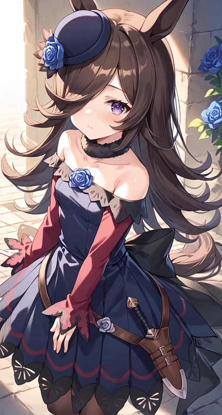 score_9,score_8_up,score_7_up,
official art,official style,game cg,megami magazine,
1girl,
rcs race,rice shower (umamusume),
animal ears,back bow,bangs,bare shoulders,belt,black bow,blue dress,blue flower,blue rose,
blush,brown hair,black legwear,brown thighhighs,collarbone,dagger,dress,dress bow,eyebrows visible through hair,
flipped hair,flower,fur choker,fur collar,hair flower,hair ornament,hair over one eye,
hat,hat flower,horse ears,horse girl,horse tail,knife,long hair,long sleeves,
off shoulder,off-shoulder dress,one eye covered,purple dress,purple eyes,purple headwear,rose,
sheath,sheathed,shoes,short dress,sleeves past wrists,tail,thigh-highs,thighhighs,
tilted headwear,very long hair,violet eyes,weapon,
standing,
<lora:umamusume_rice_shower_pony_v1:1>,