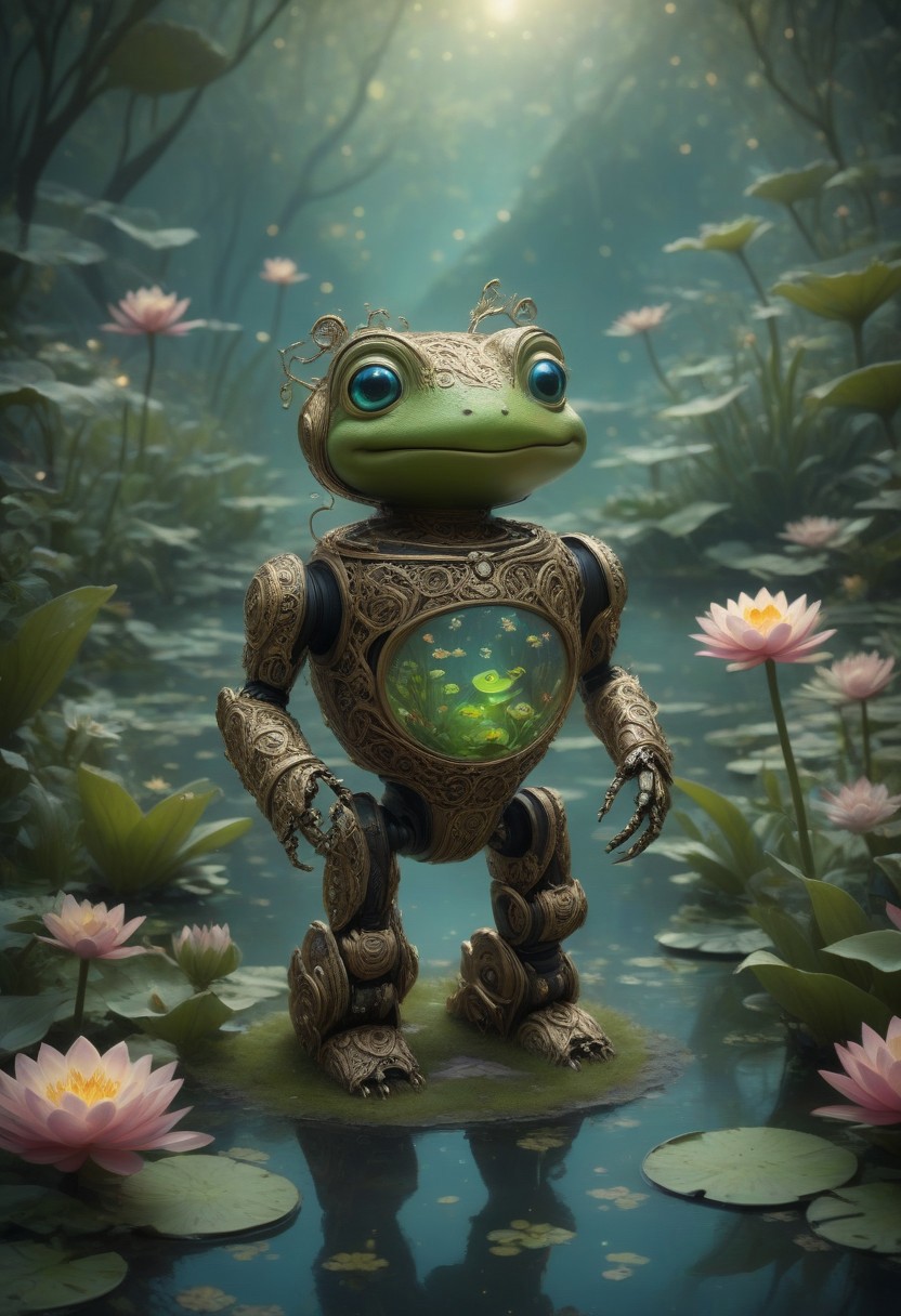 manuka robot, cute, fantasy, happy, holding a frog, at a pond with waterlilies and frogs,,intricate details, 8k, cinematic film still, ultra sharp